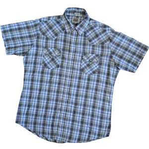Ely Cattleman Shirt Mens XLT Blue Plaid Short Sleeve Pearl Snap Western Tall